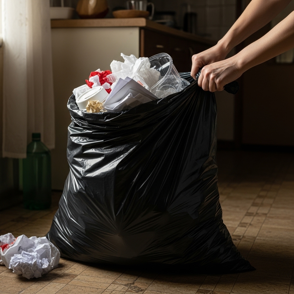 Переполненный мусорный мешок, который трудно завязать