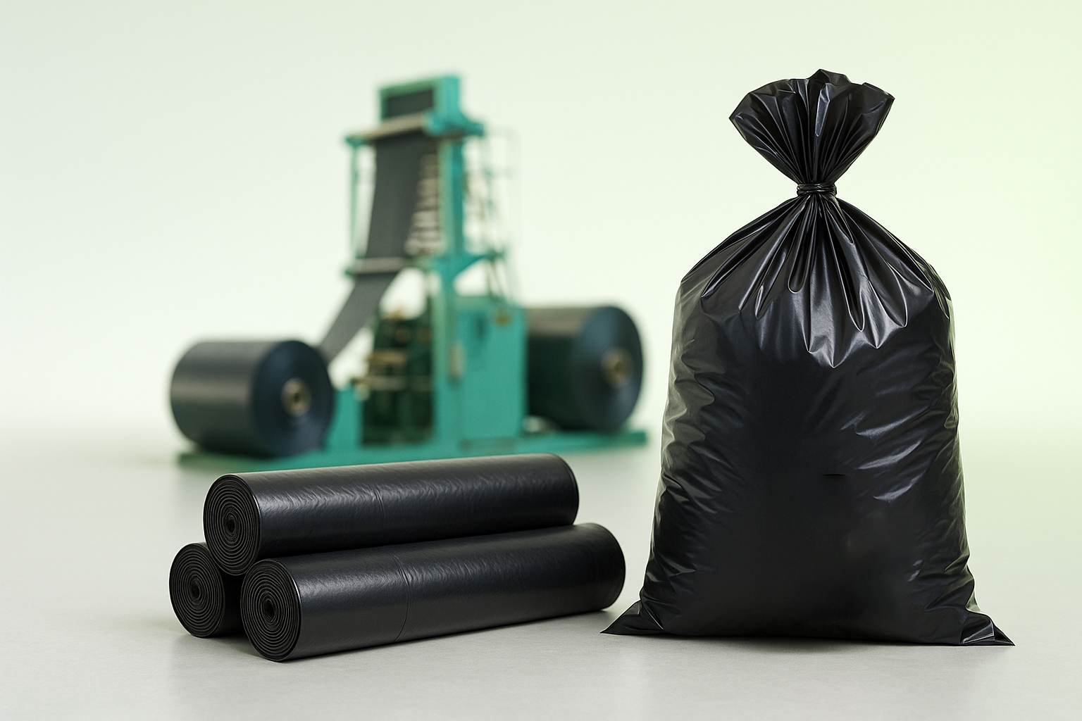 Рулоны плёнки и мешки для мусора на линии производства