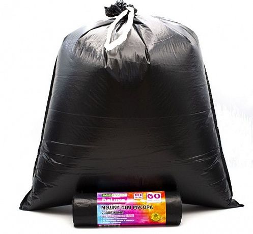 Мешки для мусора 60 литров с завязками, 40 мкм, в рулоне 10 штук, ПСД, черные 50х60 см, 3 слоя, Deluxe - Вид 2